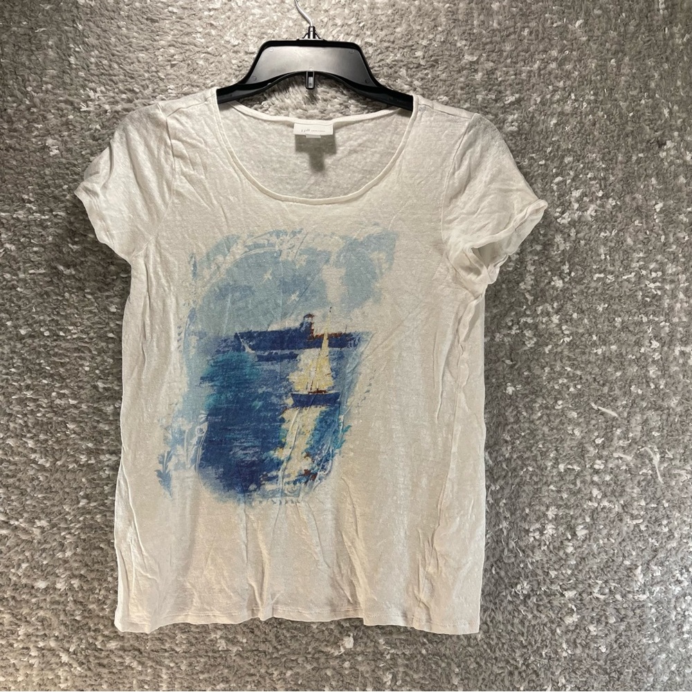 J. Jill Linen Sailboat Tee - White Round Neck Short Sleeve Linen small